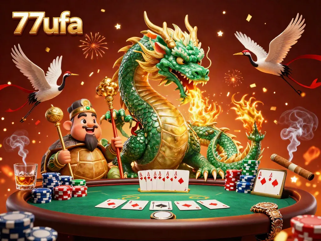 Experience the vibrant thrill of 77ufa casino with a dragon and turtle sage surrounded by poker elements.
