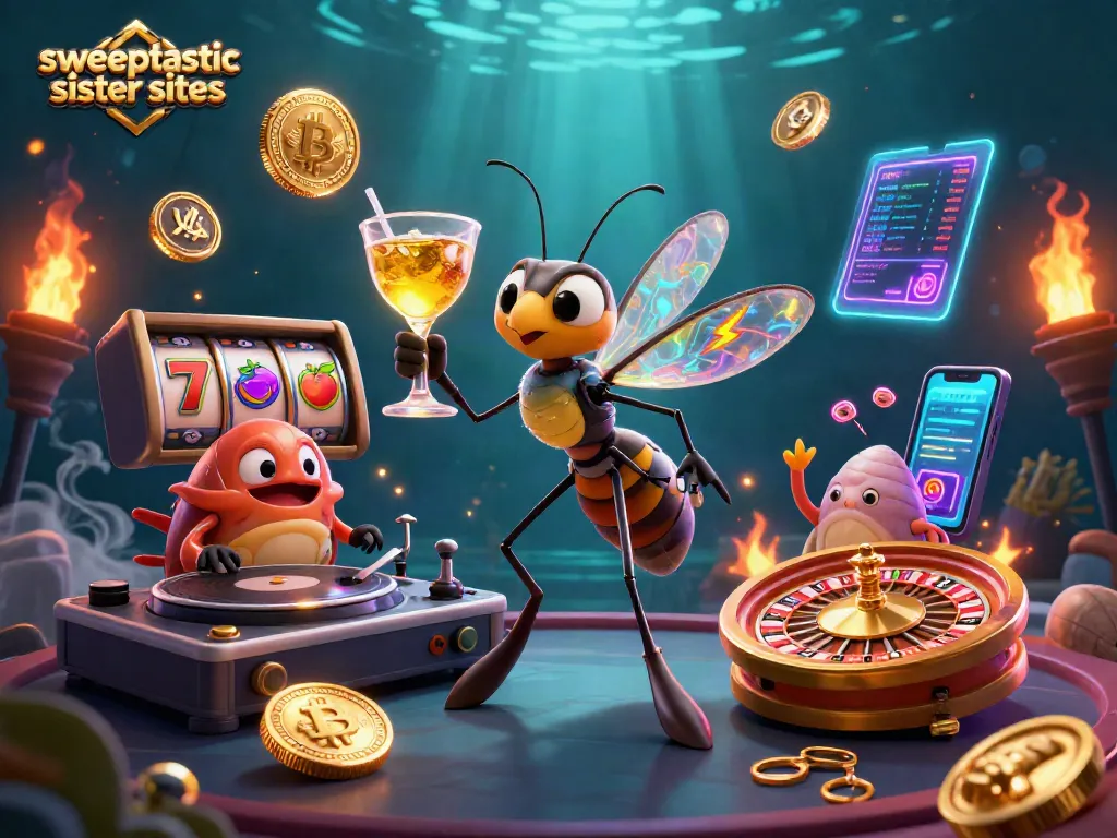 Sweeptastic sister sites illustration featuring a frozen mosquito mascot and trilobite DJ in a vibrant casino setup.