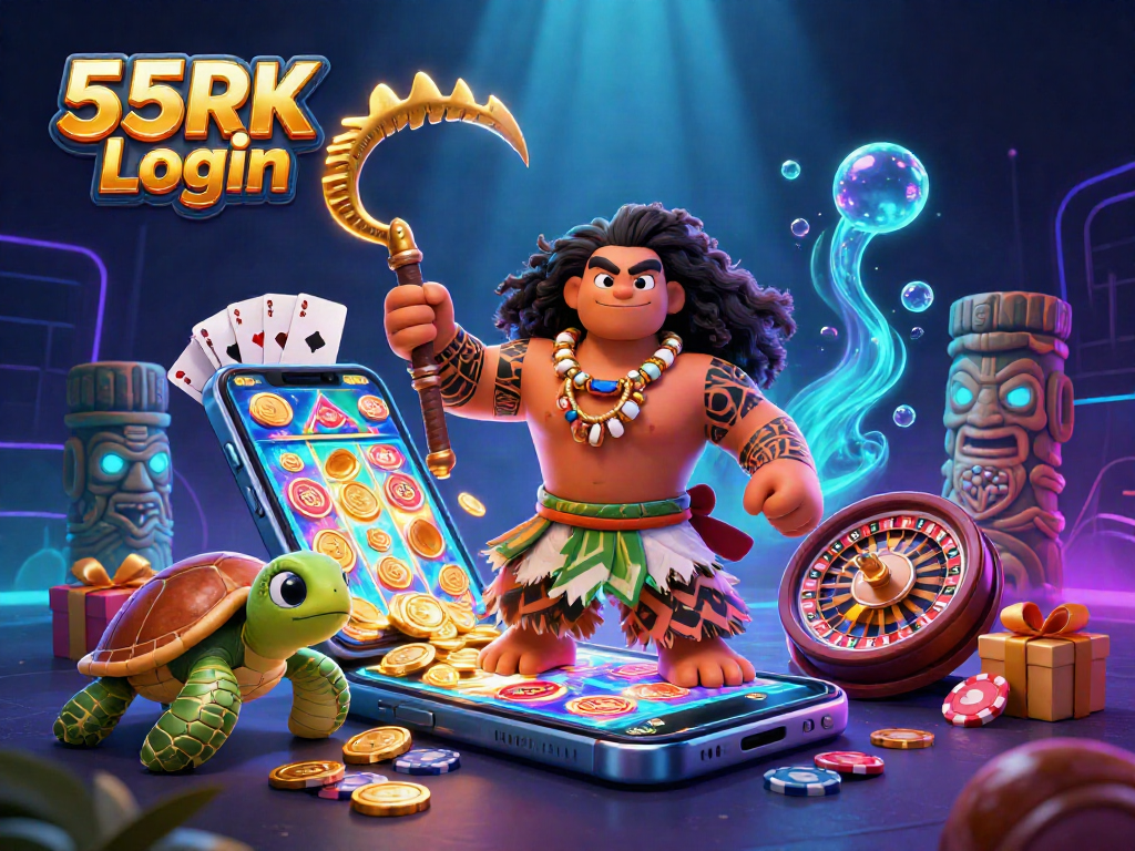 Engage in action-packed gameplay with 55RK Login, featuring a demigod and casino elements.