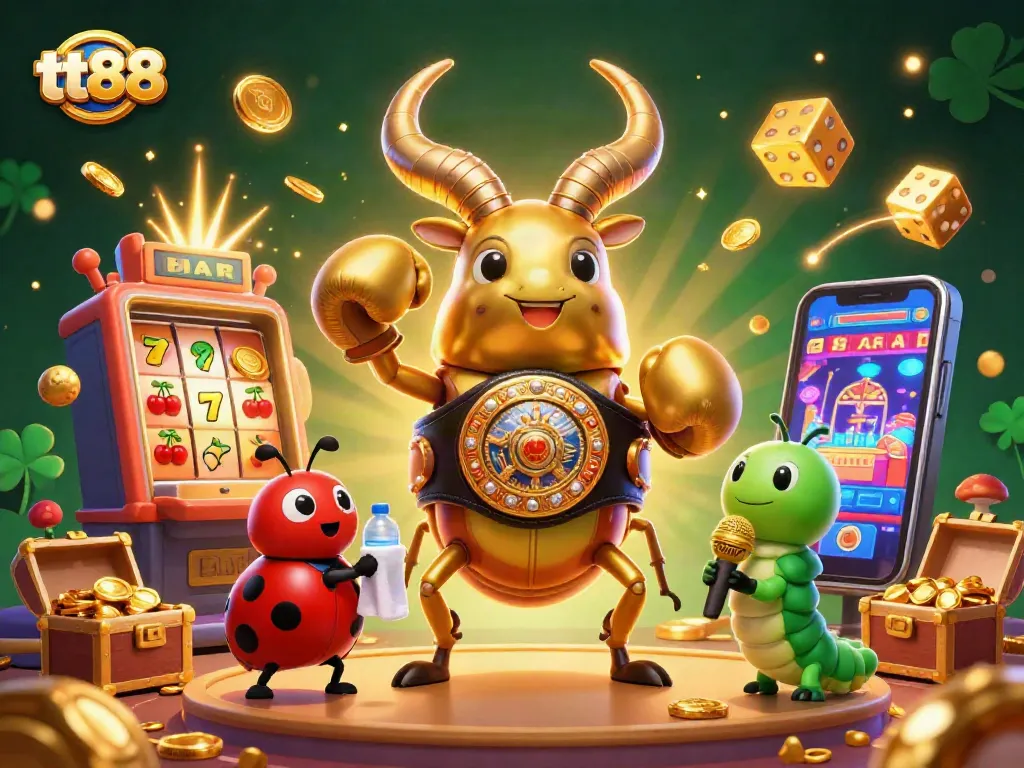 Experience tt88 with vibrant casino games, a whimsical scene featuring a golden stag beetle and dynamic gaming elements.
