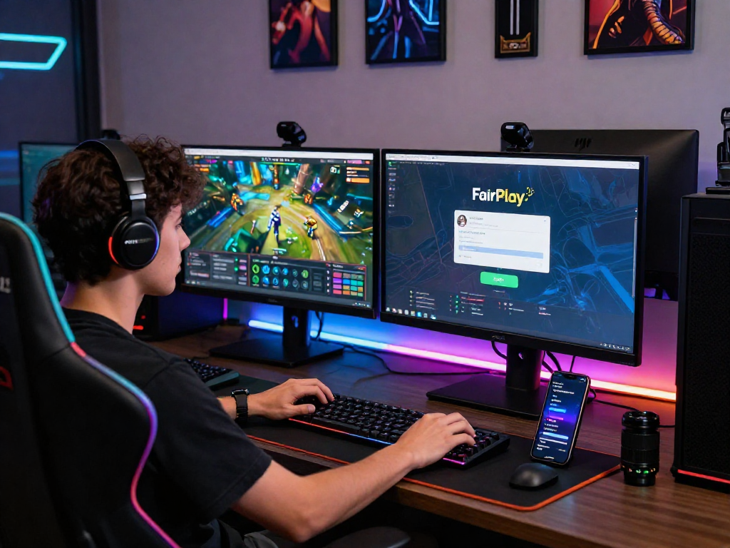 Exciting FairPlay login scene with vibrant gaming graphics and immersive setup