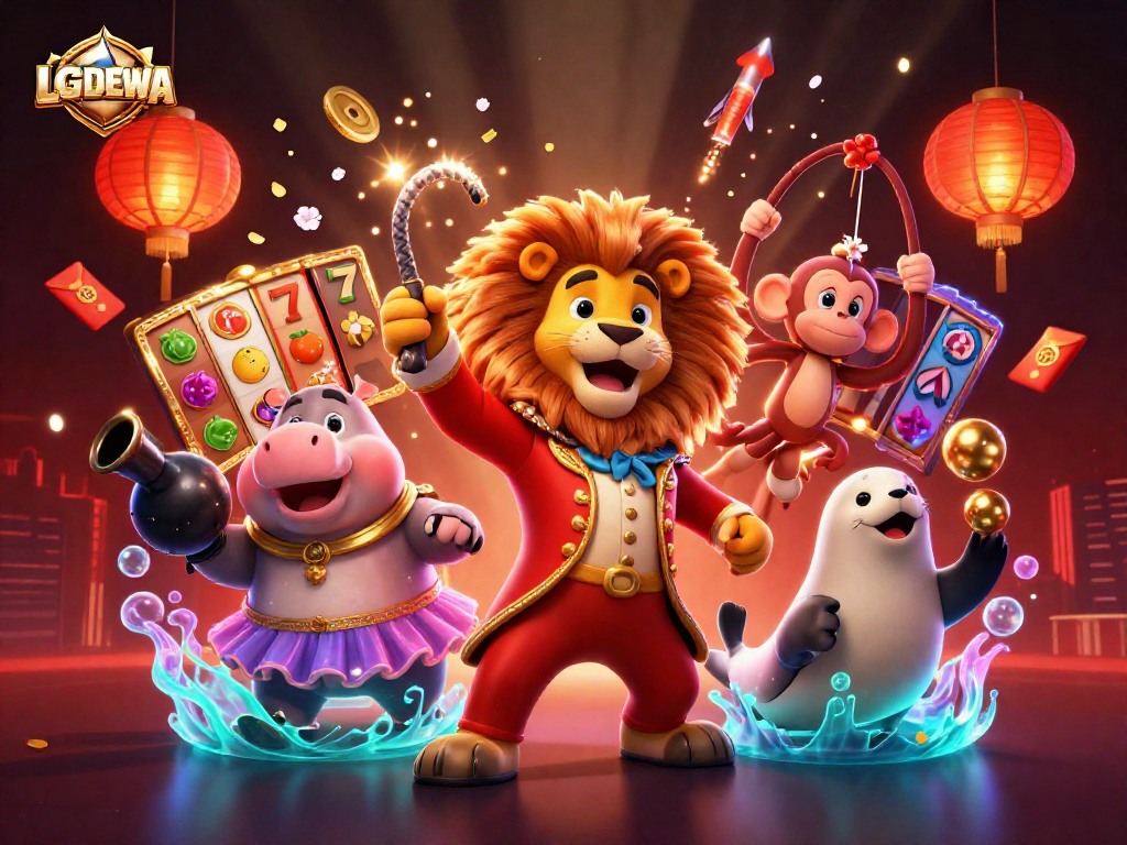 Experience exciting gaming with LGODEWA in a vibrant 3D casino illustration.