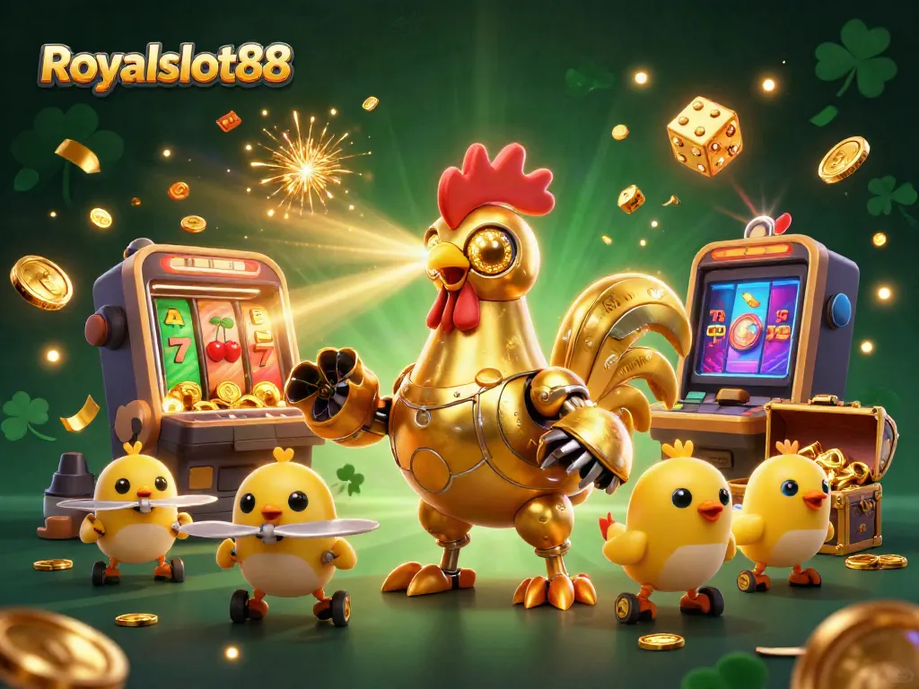 Permainan seru di Royalslot88 dengan robot ayam berkilau dan mesin slot luar biasa.