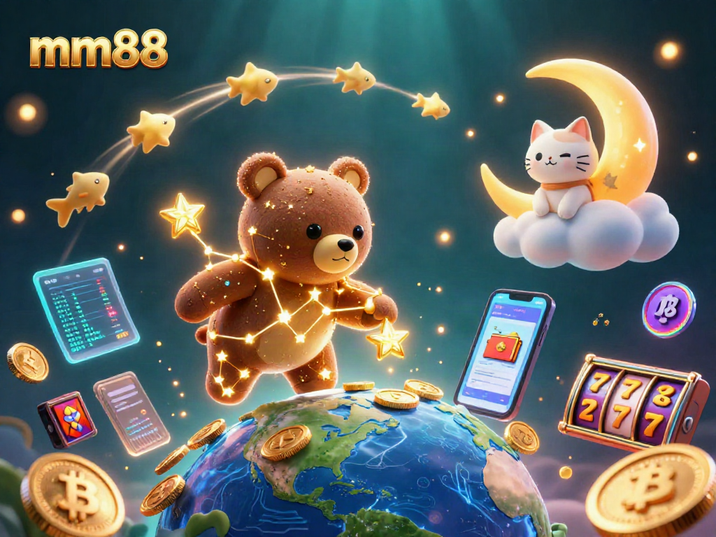 Experience the excitement of mm88 casino with vibrant 3D constellations and crypto elements.