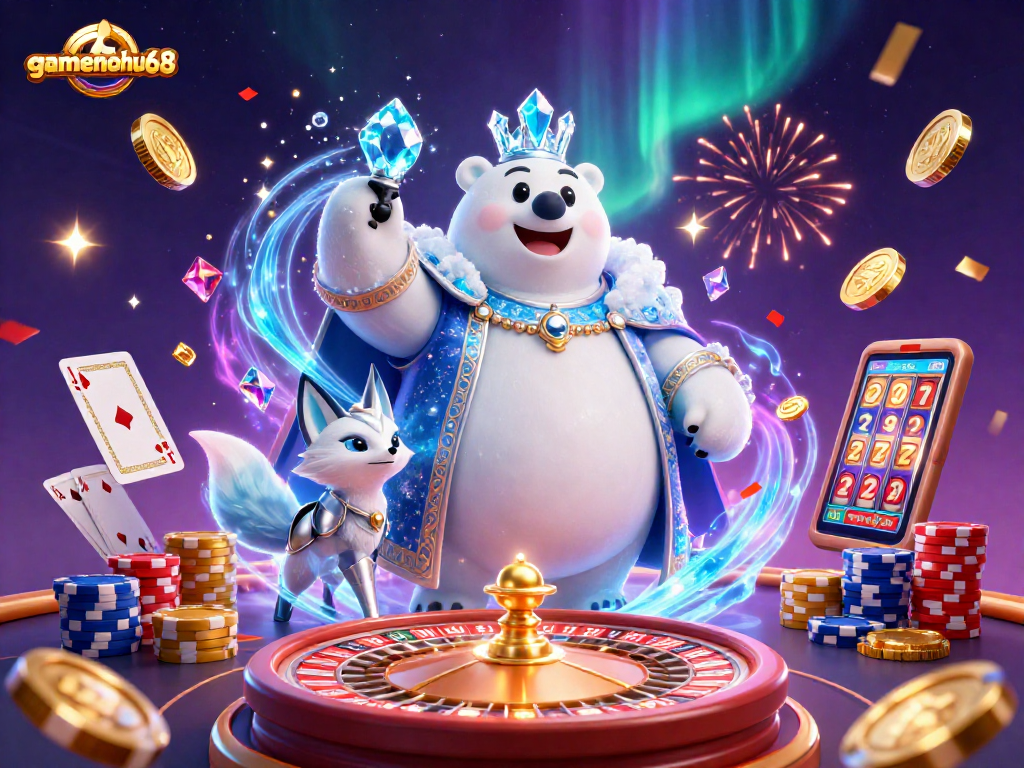 gamenohu68 showcases a vibrant casino scene with an ice king polar bear and rich betting elements.