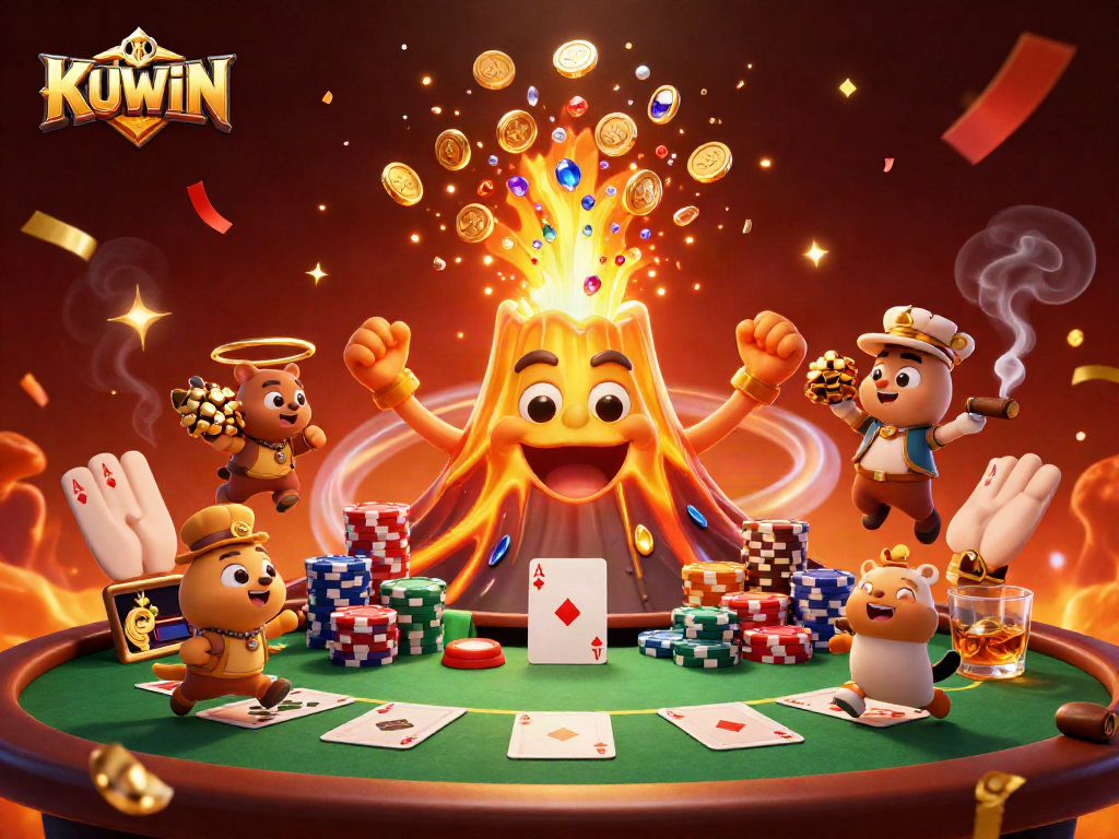 KUWIN erupts in action, showcasing a golden volcano pouring coins while tiny explorers flee with treasures.