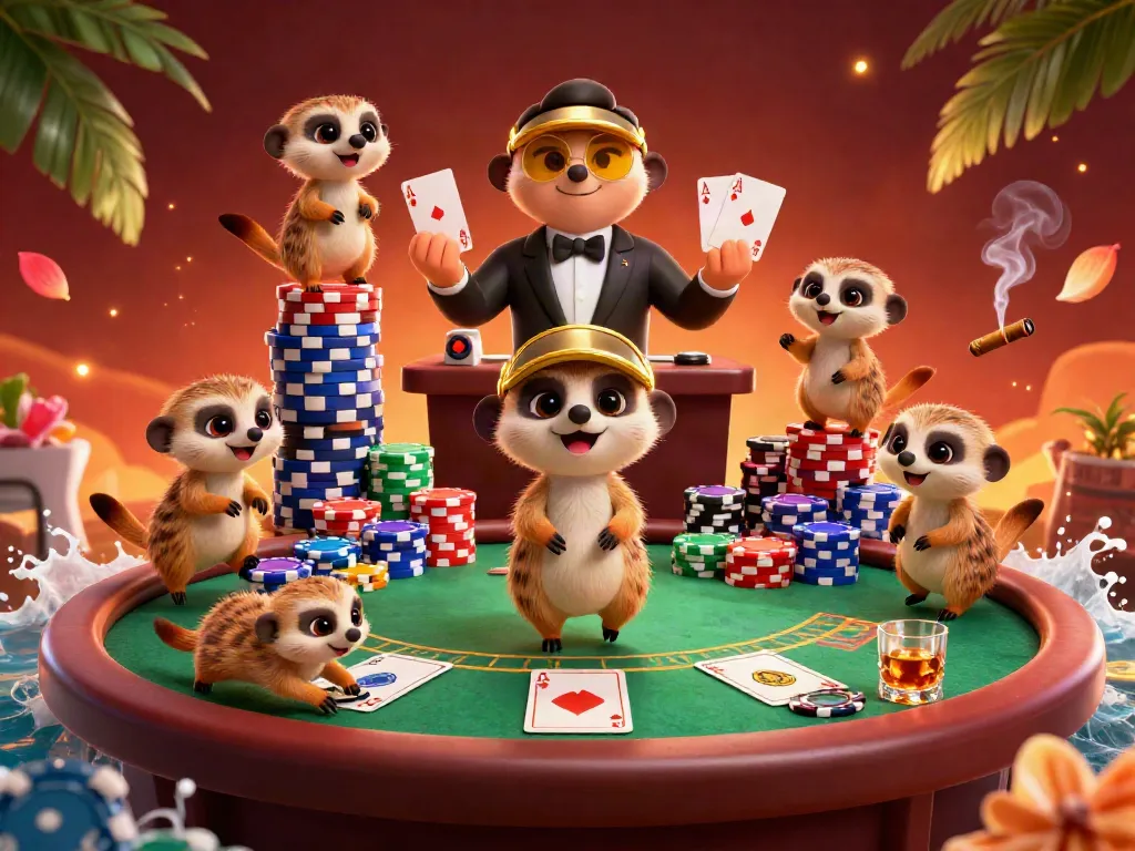Experience the thrilling casino ambiance of 8luck8 with meerkats engaging in games and strategy.