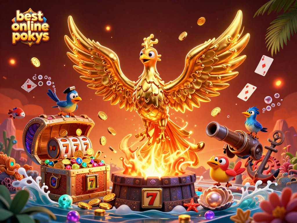 Experience the thrill of best online pokies with a molten phoenix and vibrant casino elements.