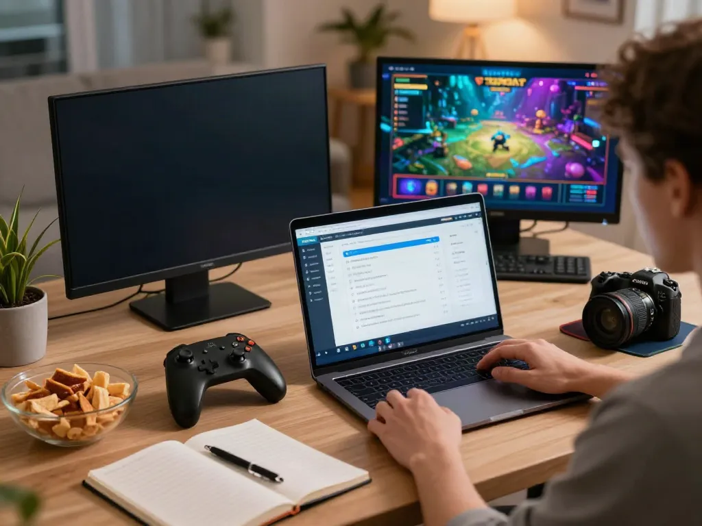 Engaging gaming setup showcasing SGPSLOT link login on laptop in a cozy home.