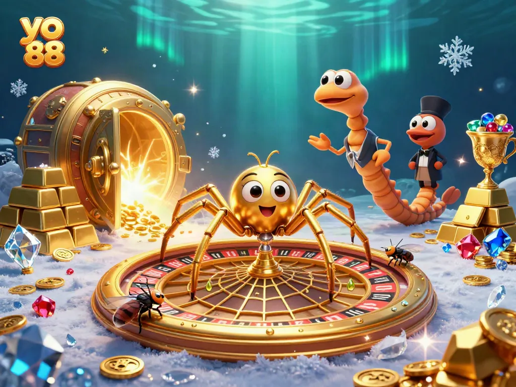 Experience the thrill of yo 88 with a golden spider spinning a roulette wheel and a centipede croupier.