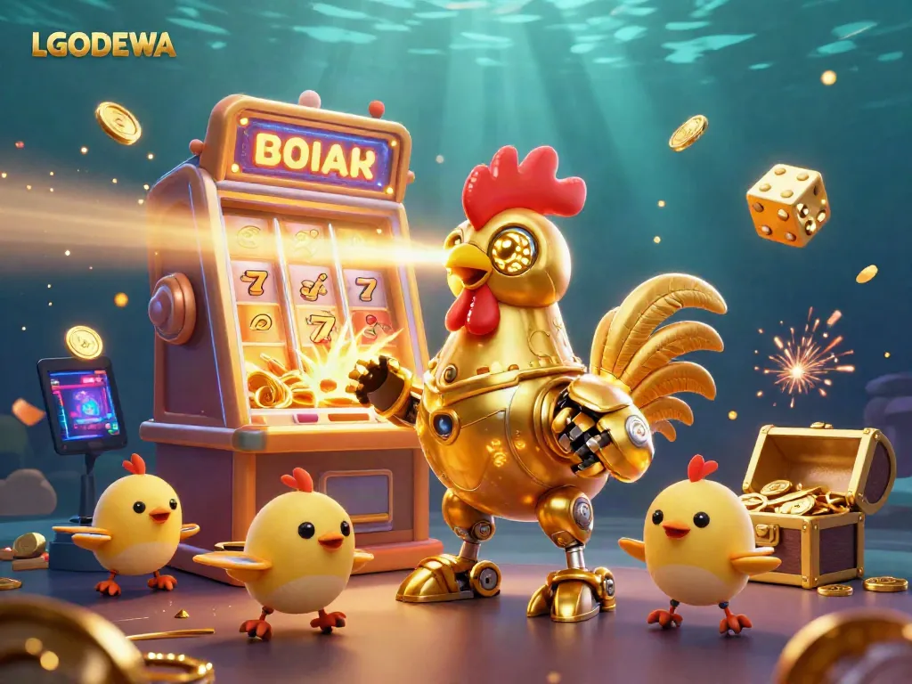 Engaging LGODEWA gaming scene featuring a golden rooster robot amidst slot machine action and vibrant casino elements.