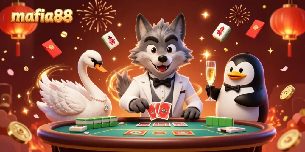 Permainan baccarat di mafia88 dengan serigala berjas putih dan dealer angsa elegan, suasana meriah dan berwarna.