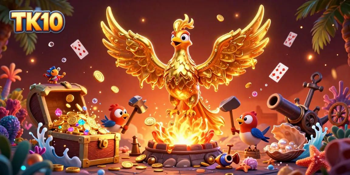 Experience thrilling gameplay at TK10 with a vibrant 3D phoenix surrounded by golden treasures.