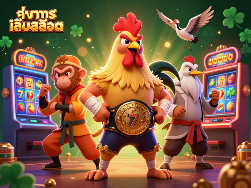 Engage with ทดลองเล่นสล็อต through an exciting 3D illustration featuring a fierce Muay Thai rooster and 3D slot machines.