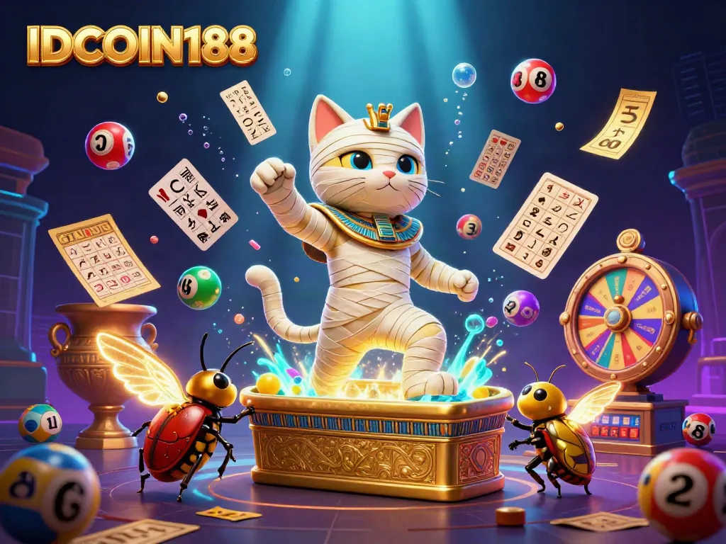 IDCOIN188 presents a vibrant casino scene with a mummy cat and golden lottery elements