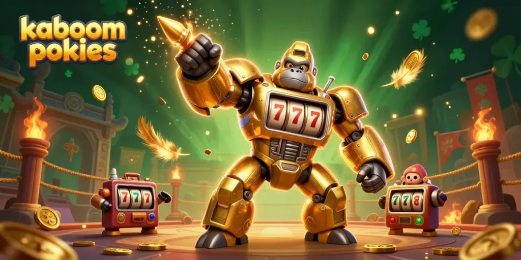 Experience kaboom pokies with a vibrant, action-packed 3D scene featuring a golden gorilla mech!