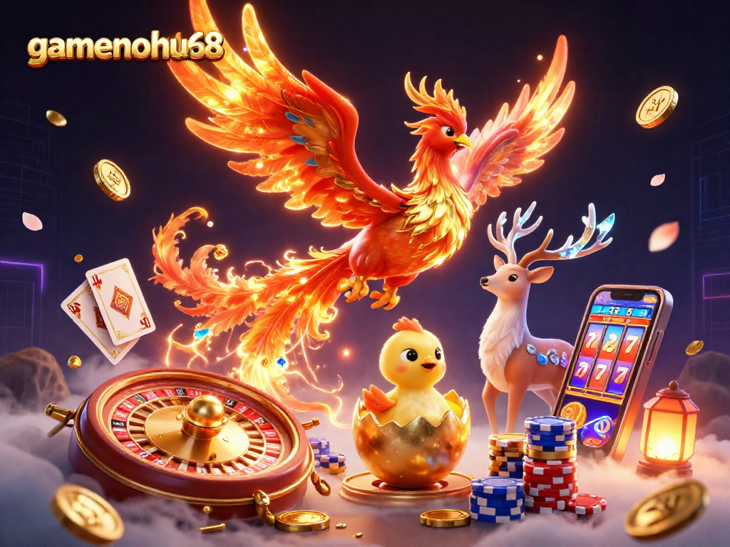 Experience gamenohu68 with a vivid 3D casino scene featuring a fire phoenix and dynamic game elements.