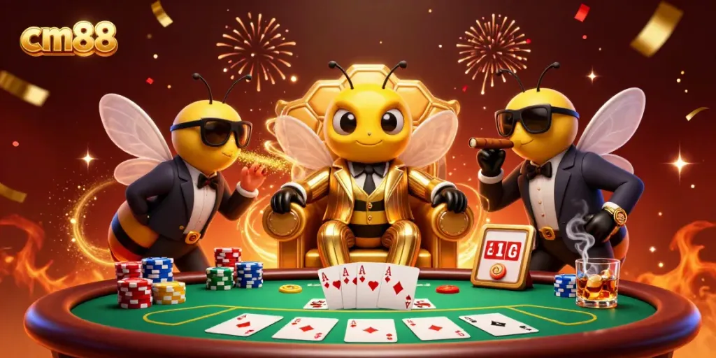 Engage with cm88 at a vibrant casino scene featuring a bumblebee mob boss orchestrating a poker game.