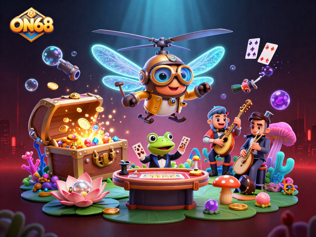 Engaging ON68 casino scene with a dragonfly pilot, frog dealer, and vibrant game elements.