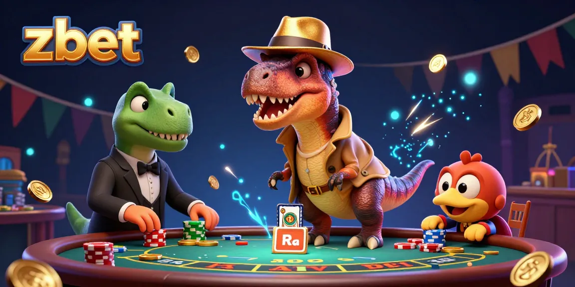 Experience thrilling moments with zbet's cartoon velociraptor card counter and stegosaurus pit boss in a vibrant casino.