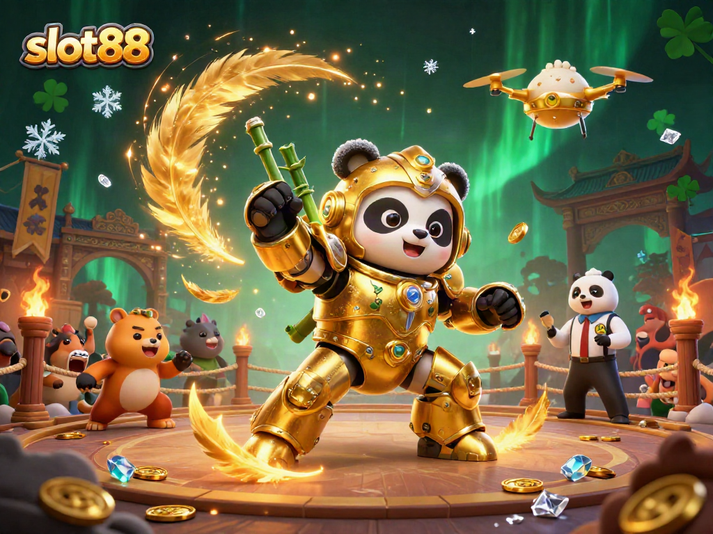 Experience the thrill of slot88 gaming in a vibrant 3D casino battle scene with a mech panda!