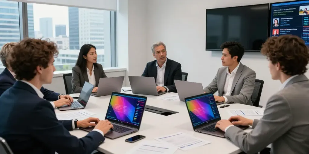 Stakeholders engaged in a discussion on Casino News regulations in a modern office.