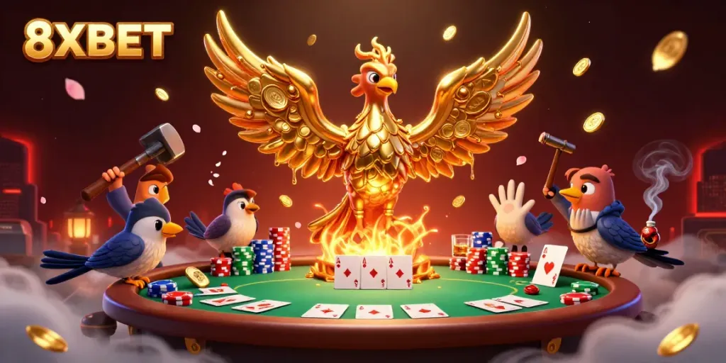 Interactive 8XBET casino scene showcasing a golden phoenix, poker elements, and rich details in a vibrant setting.