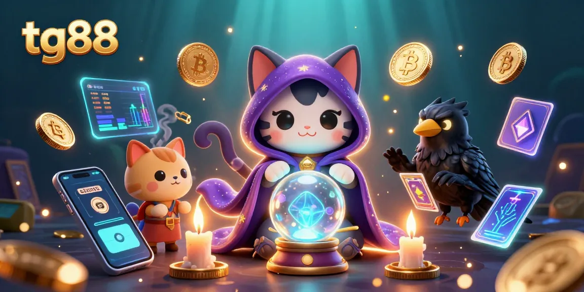Engage in thrilling games at tg88 with a mystical cat and raven in a vibrant casino scene.