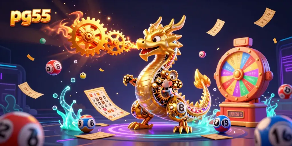 Experience the excitement of pg55 with a vibrant and immersive casino illustration featuring a golden dragon, lottery elements, and stunning effects.
