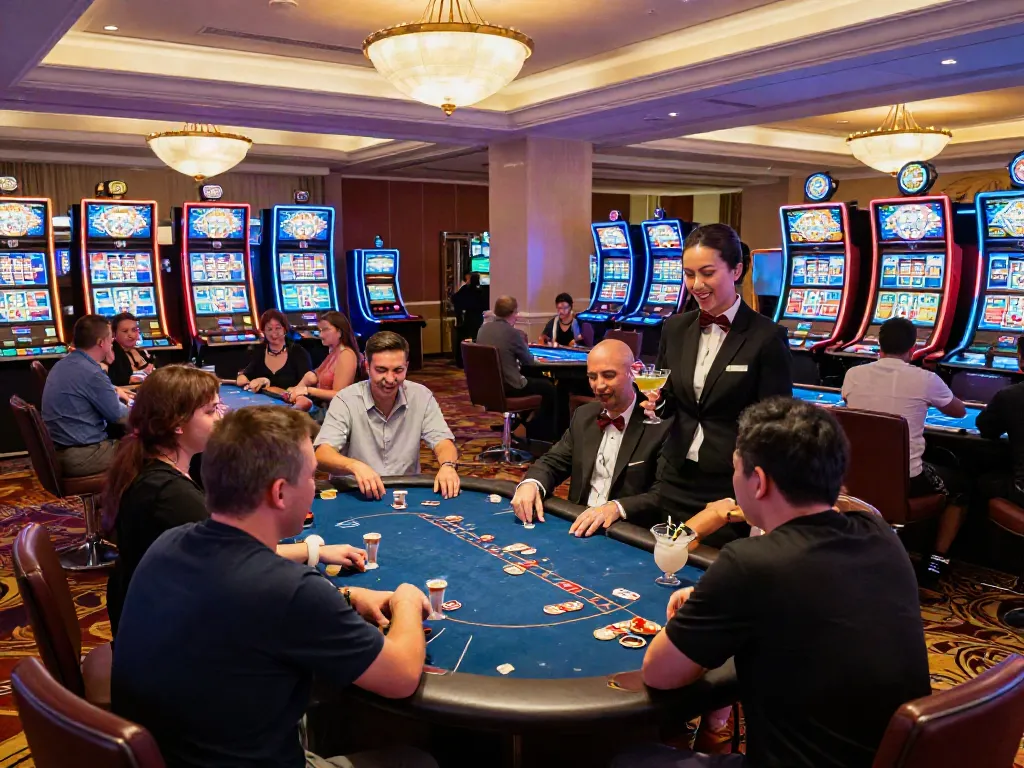 Lucky777 casino atmosphere with players enjoying table games and vibrant slot machines lighting up the room.