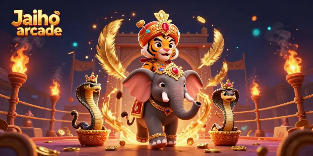 Experience the thrill of Jaiho arcade with a cinematic illustration featuring a maharaja tiger, an elephant, and golden elements.