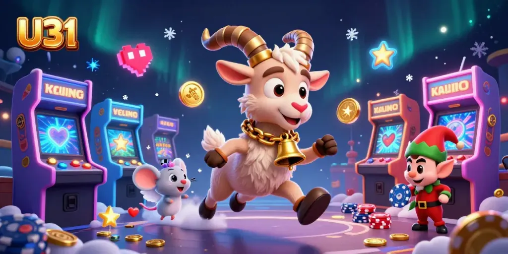 Engage in exciting gaming at U31, showcasing a dynamic casino scene with festive characters and vibrant luck symbols.