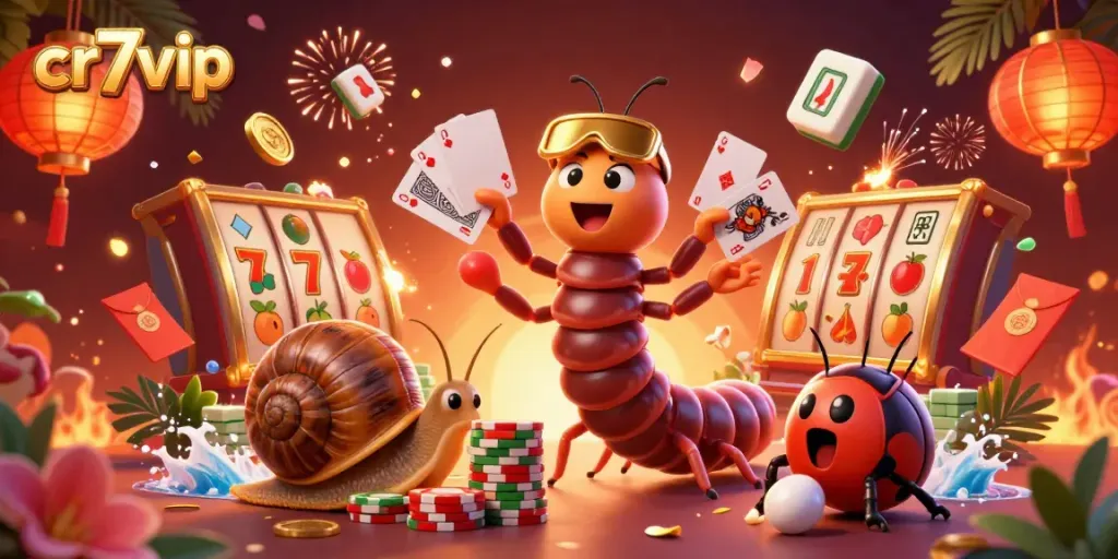 Slot permainan cr7vip menampilkan dealer kartun berinteraksi dengan simbol keberuntungan dalam suasana kasino yang meriah.