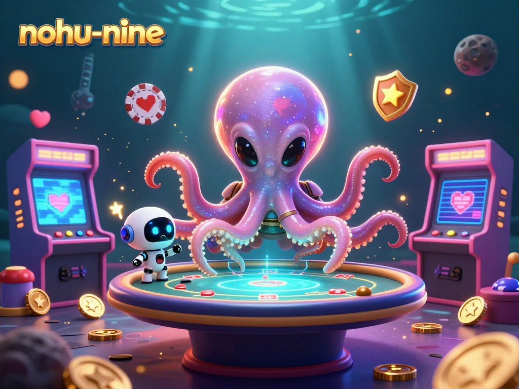 Experience the excitement of nohu-nine as an alien octopus plays holographic poker with casino-themed elements.