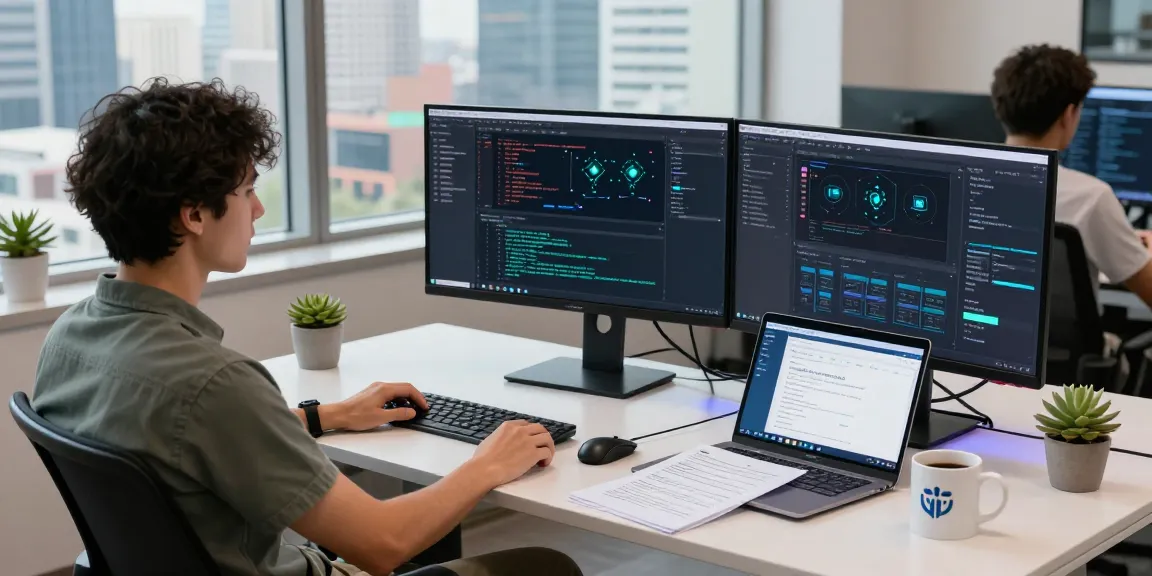 Pengembang wifi4d bekerja di ruang kantor modern dengan laptop menunjukkan antarmuka aplikasi dan analisis jaringan, suasana produktif.