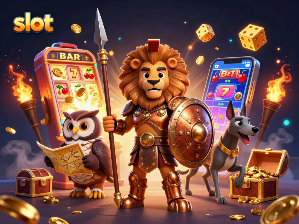 Spin the slot machine and win big with exciting casino game elements and colorful characters.