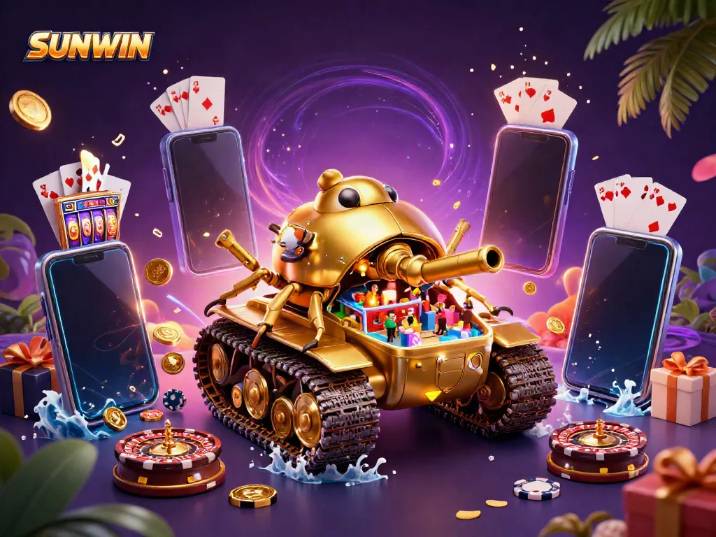 Experience the thrills of SUNWIN with a joyful 3D casino tank surrounded by games and gold coins.