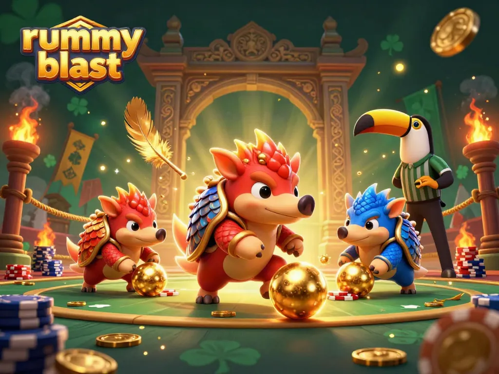 Engage with Rummy Blast gameplay, featuring vibrant pangolins battling through poker chips in a fun casino-themed illustration.