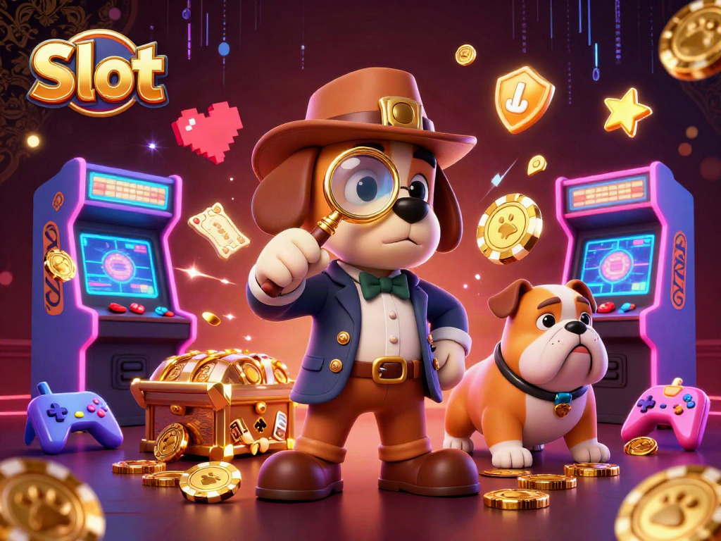 Slot memikat dengan anjing detektif 3D yang menemukan chip poker emas di latar kasino.