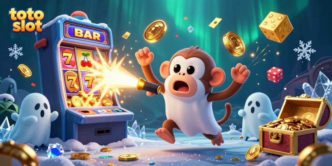Engage with toto slot action featuring a poltergeist monkey juggling in a vibrant casino scene, filled with treasures.