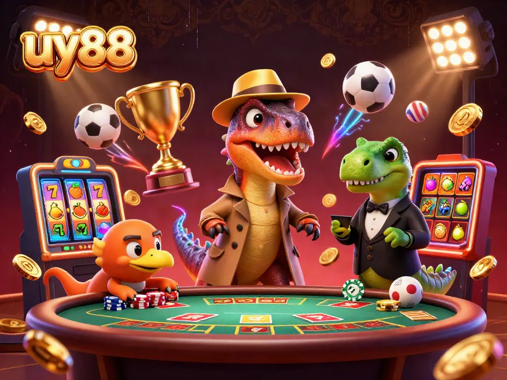Experience the excitement of uy88 with a velociraptor card counter at a blackjack table amidst flying sports elements and vibrant casino decor.