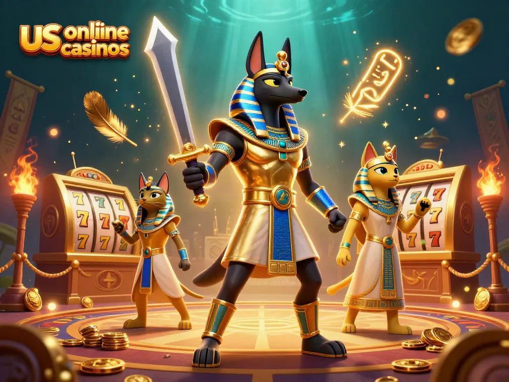 Explore the thrilling world of us online casinos with Anubis and Bastet engaged in dynamic gaming action.
