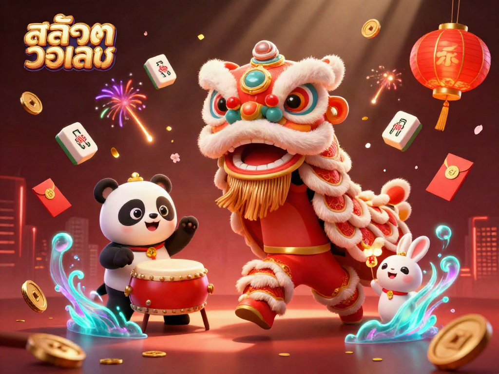 Experience excitement with สล็อตวอเลท in a vibrant 3D illustration featuring lucky symbols and festive characters.