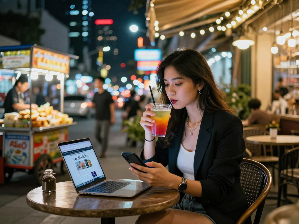Gái gọi trong không gian cà phê đêm phố thị, phụ nữ trẻ với cocktail và laptop.
