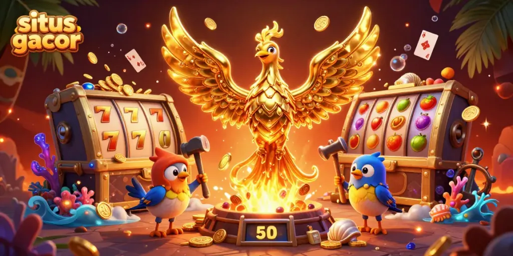 Menangkan situs gacor dengan phoenix emas yang memancarkan koin dalam suasana kasino