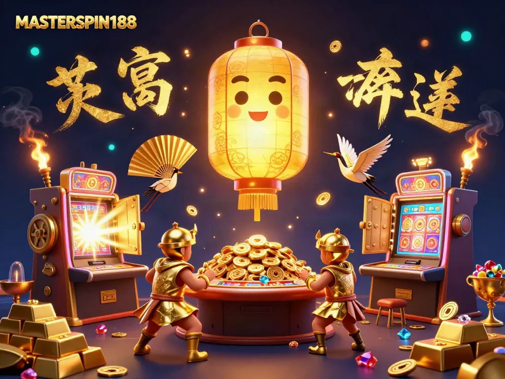 Experience the vibrant gaming scene of MASTERSPIN188 featuring a giant golden lantern spirit, immersed in excitement, with slot machines and golden treasures.