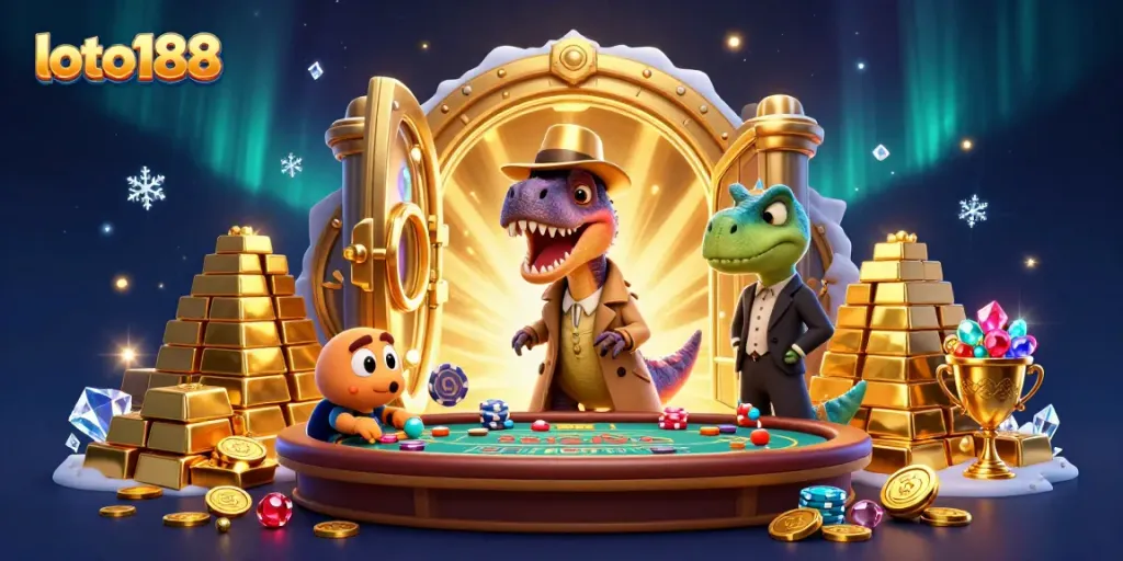 Experience the excitement of loto188 with a velociraptor card counter at a dynamic blackjack scene filled with treasures.