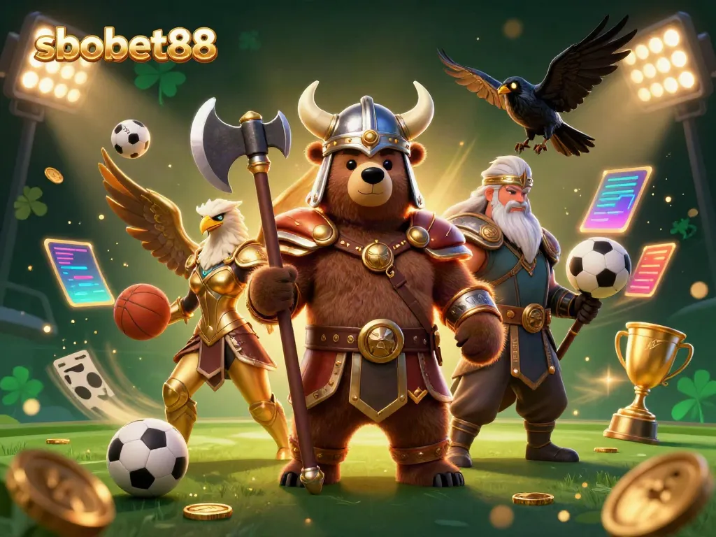 sbobet88 sports betting scene with Viking berserker, Valkyrie eagle, and dynamic sports elements
