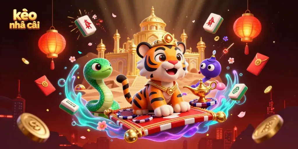 Engage with the exciting atmosphere of kèo nhà cái in this colorful fantasy scene of a tiger sultan on a magical carpet.