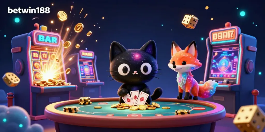 Visualisasi atraktif betwin188 dengan kucing hitam 3D dan mesin slot, menampilkan keseruan dunia judi online.